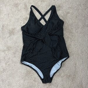 Motherhood Maternity Polka Dot Tie Front Criss Cross One Piece Swimsuit Black L